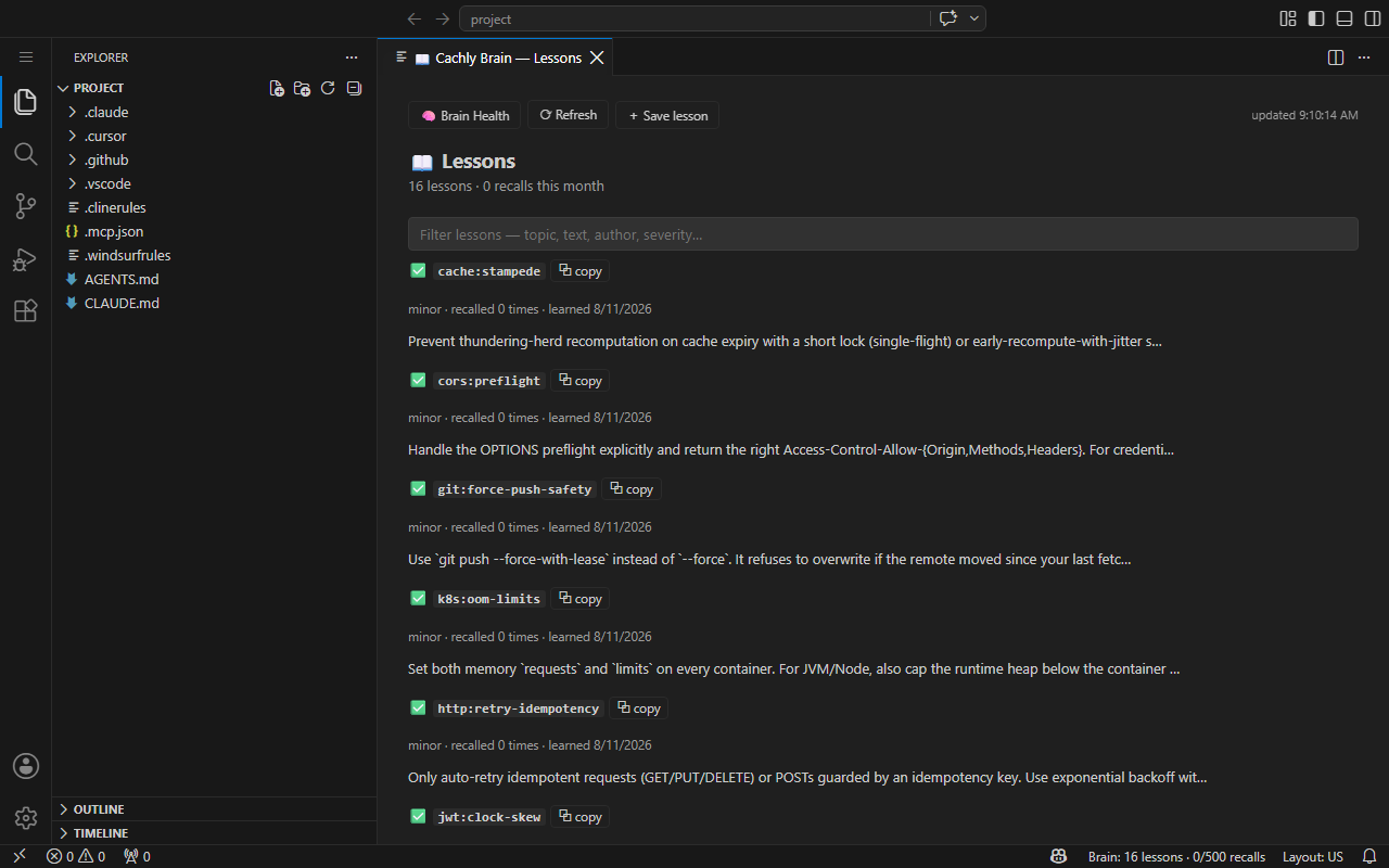 The Lessons view inside the Cachly Brain VS Code extension, listing six stored lessons